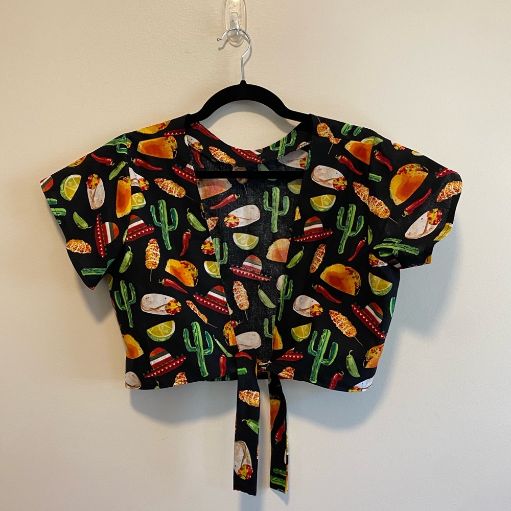 Handmade Mexican food print wrap crop top